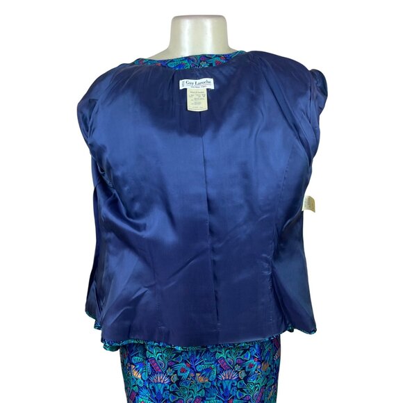 Vintage Guy Laroche Turquoise Satin Skirt & Jacket Set With Floral Print  Sz W14 - Picture 5 of 13
